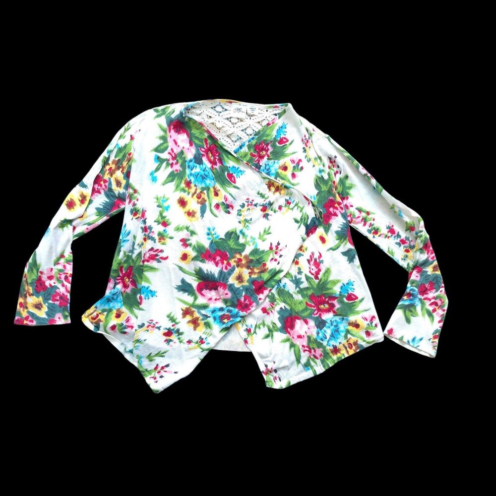 Ivory Floral Drape Front Cardigan Size Medium 100% Cotton Lace Back EUC